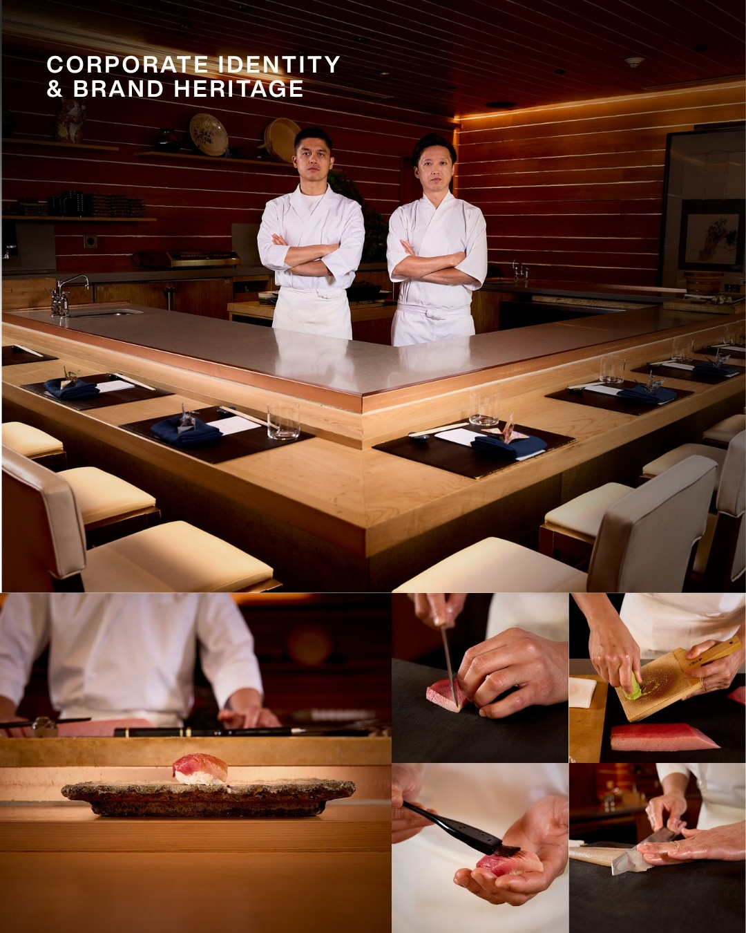 Luxury restaurant corporate identity visual featuring chef portraiture and culinary action process storytelling at The Den by Luis Cano.