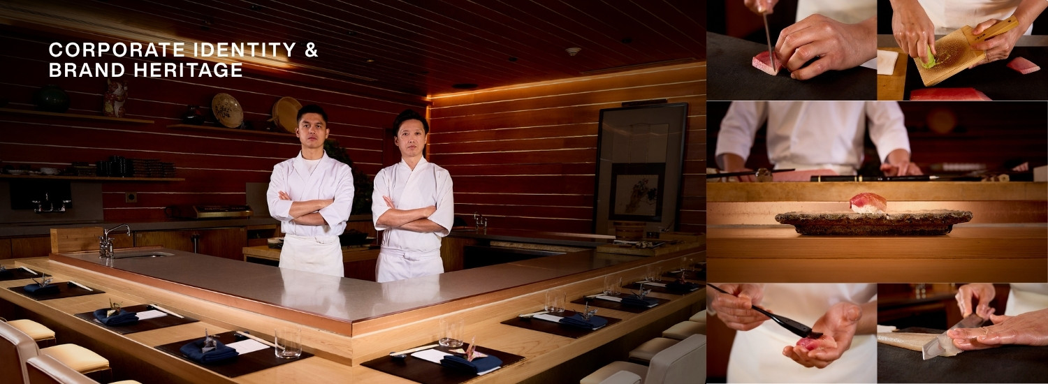 Luxury restaurant corporate identity visual featuring chef portraiture and culinary action process storytelling at The Den by Luis Cano.