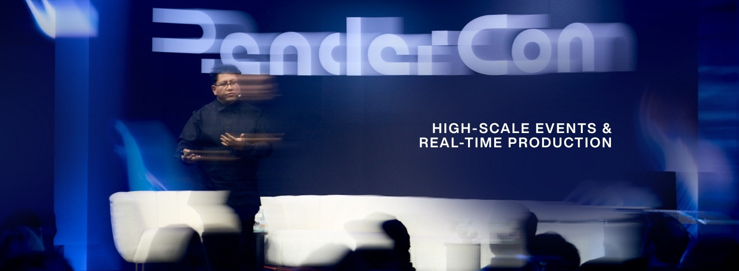 High-scale tech event production photography at RenderCon Los Angeles, capturing dynamic stage lighting and corporate crowd energy.