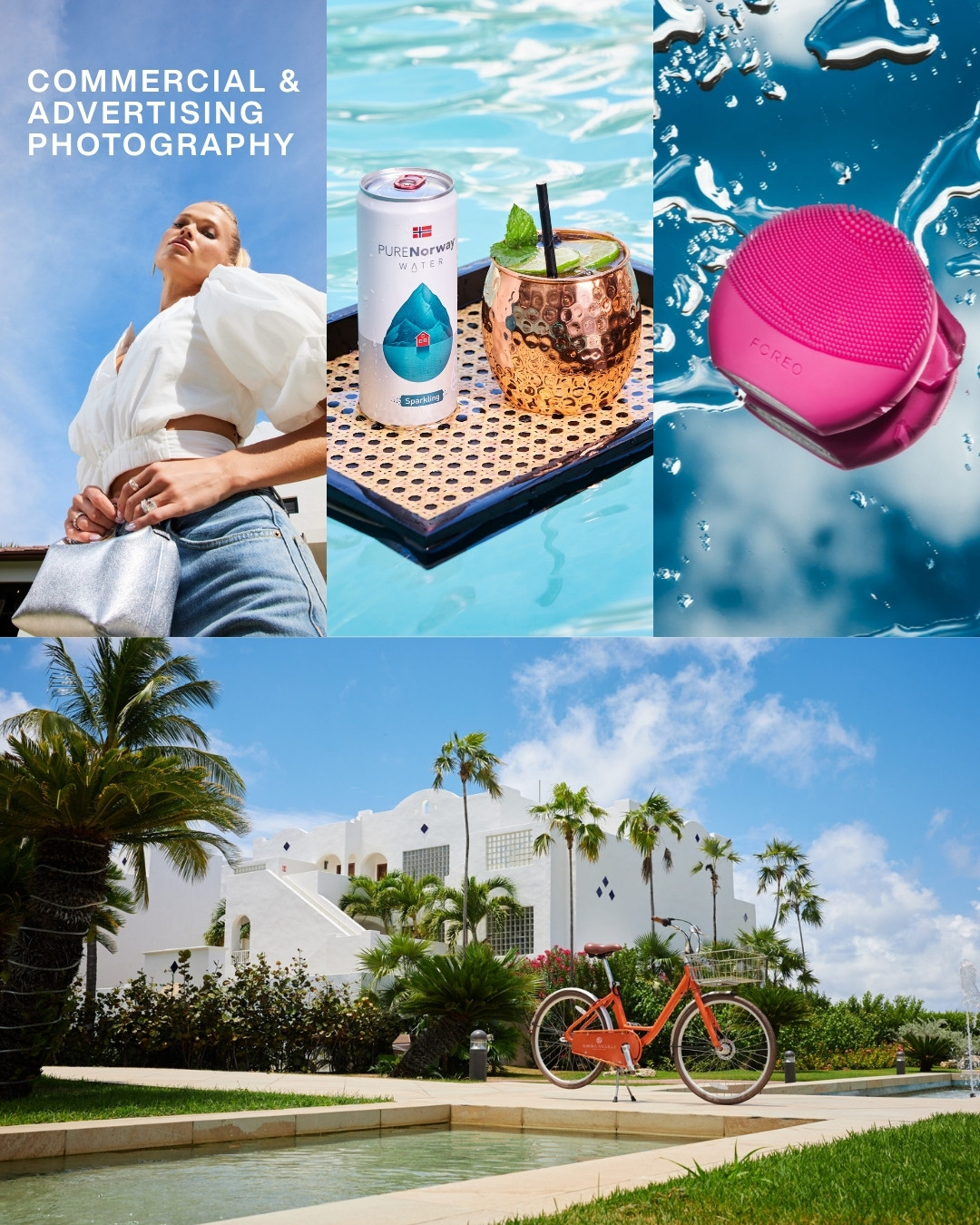 Multi-project commercial and advertising photography collage showcasing high-end corporate campaigns, brand activations, and professional multimedia productions by Luis Cano.