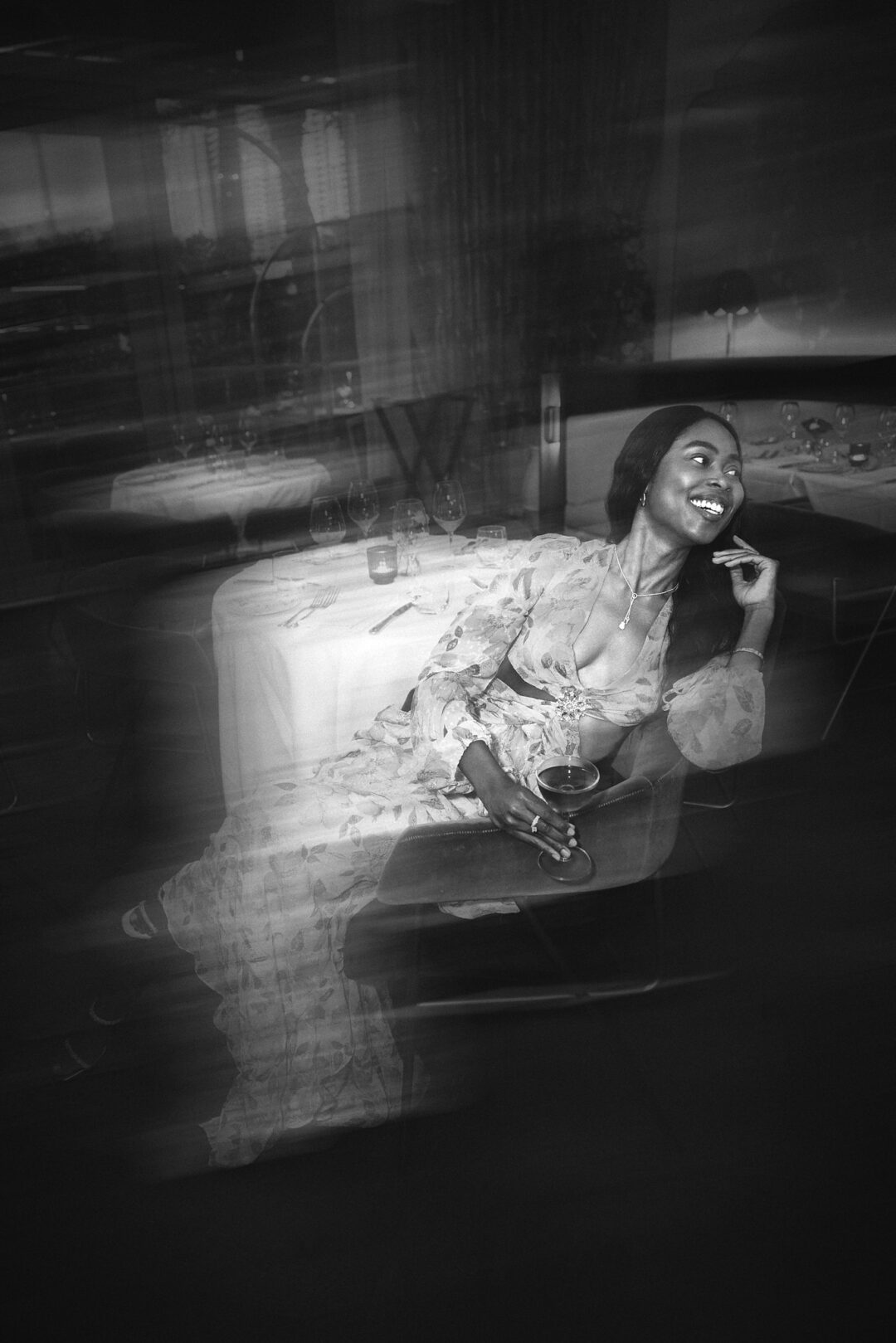 Editorial fashion and lifestyle photography at Rose Cafe Sunny Isles showcasing restaurant atmosphere with professional models and dynamic lighting.